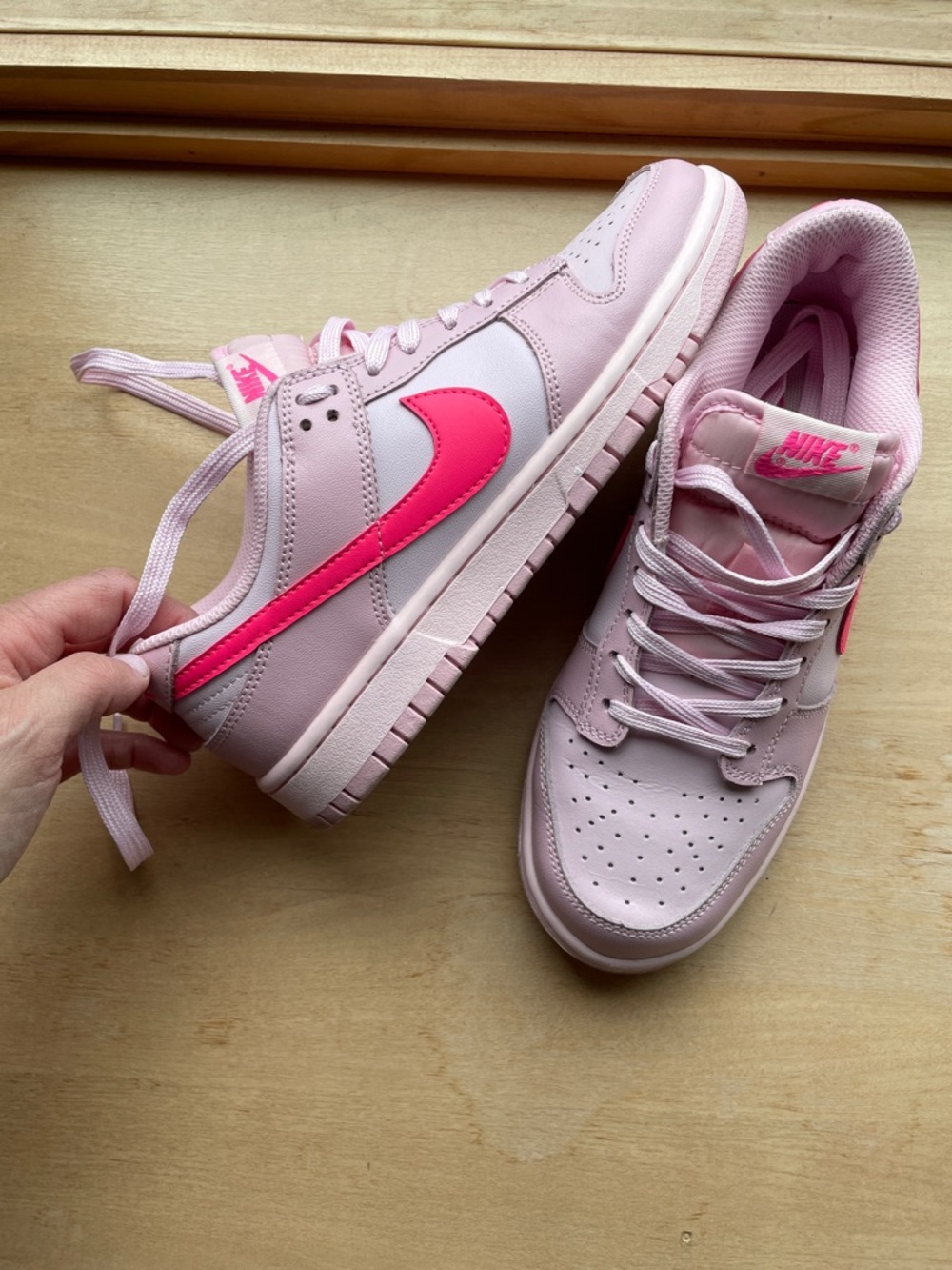 Nike Women's Light Pink Sneakers with Hot Pink Swoosh size 7
